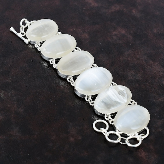 Handmade Selenite Bracelet: 925 Sterling Silver Adjustable Boho Jewelry