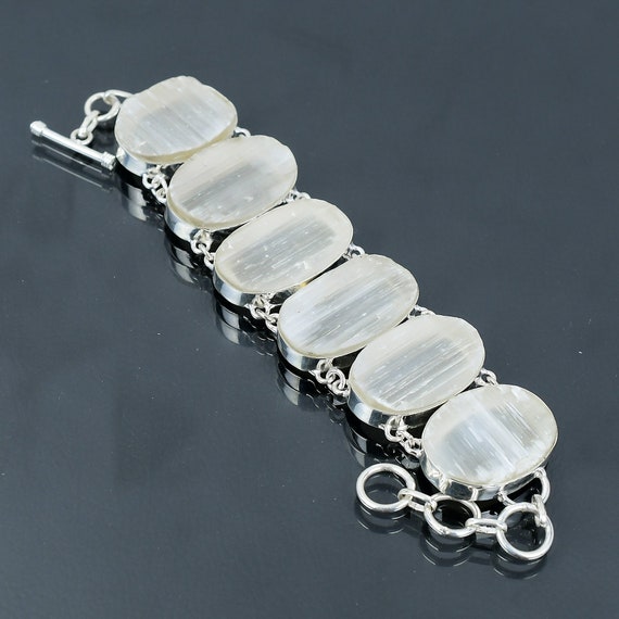 Handmade Selenite Druzy Bracelet: 925 Sterling Silver Adjustable Chain