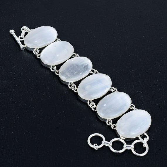 Handmade Selenite Bracelet: Oval Gemstone, 925 Sterling Silver Chain
