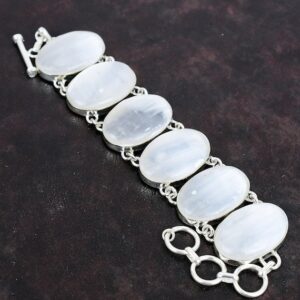 Selenite Bracelet: Oval Gemstone, 925 Sterling Silver, Adjustable Chain