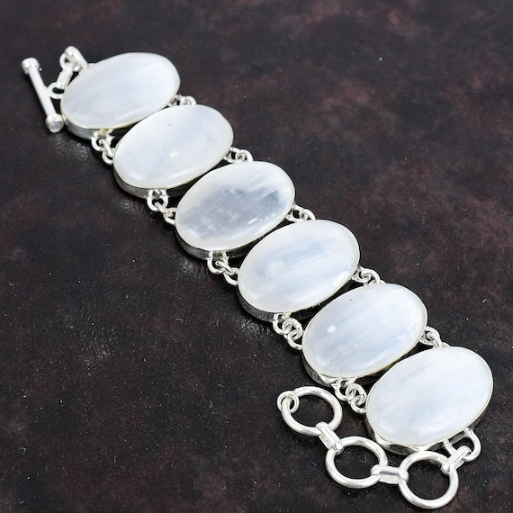 Selenite Bracelet: Oval Gemstone, 925 Sterling Silver, Adjustable Chain
