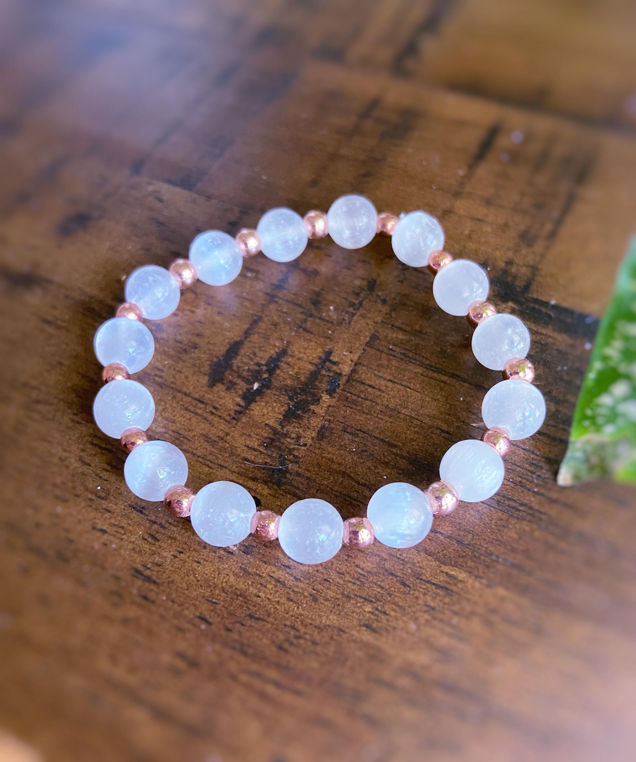 Selenite Bracelet With Rose Gold Beads, Healing Crystal Jewelry, Gemstone, Cleansing Bracelet Selenite Bracelet With Rose Gold Beads, Healing Crystal Jewelry, Gemstone, Cleansing Bracelet