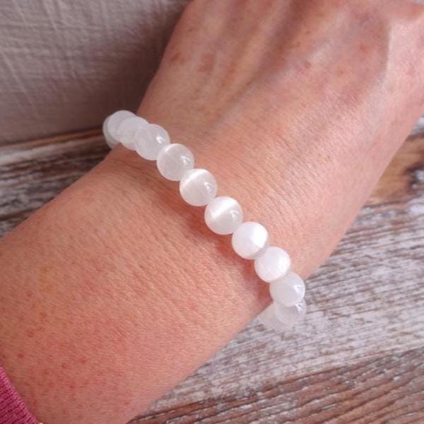 White Selenite Beaded Bracelet, Beauty Angel Stone Gemstone Bracelet, White Stone Stretch Bracelet, Gemstone Jewelry, Gift For Mom Wife