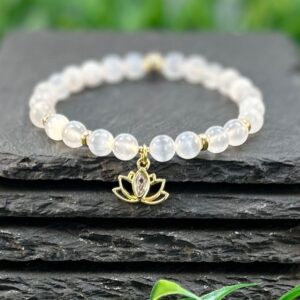 White Lotus Flower Charm Bracelet, Handmade 6mm Selenite Healing Crystal Beaded  Dainty 14K Gold Spiritual Healing Jewelry Gift for Her