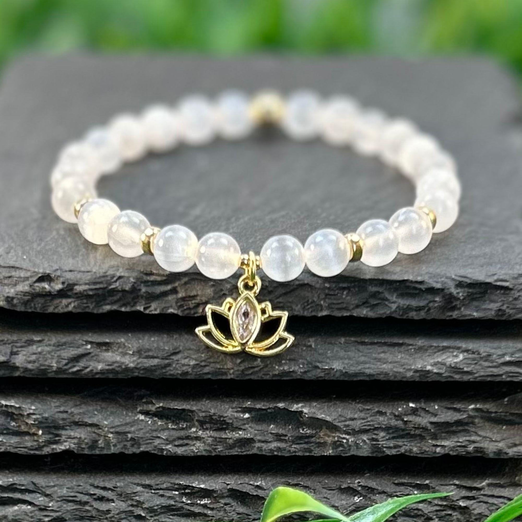 White Lotus Flower Charm Bracelet, Handmade 6mm Selenite Healing Crystal Beaded Dainty 14k Gold Spiritual Healing Jewelry Gift For Her White Lotus Flower Charm Bracelet, Handmade 6mm Selenite Healing Crystal Beaded Dainty 14k Gold Spiritual Healing Jewelry Gift For Her