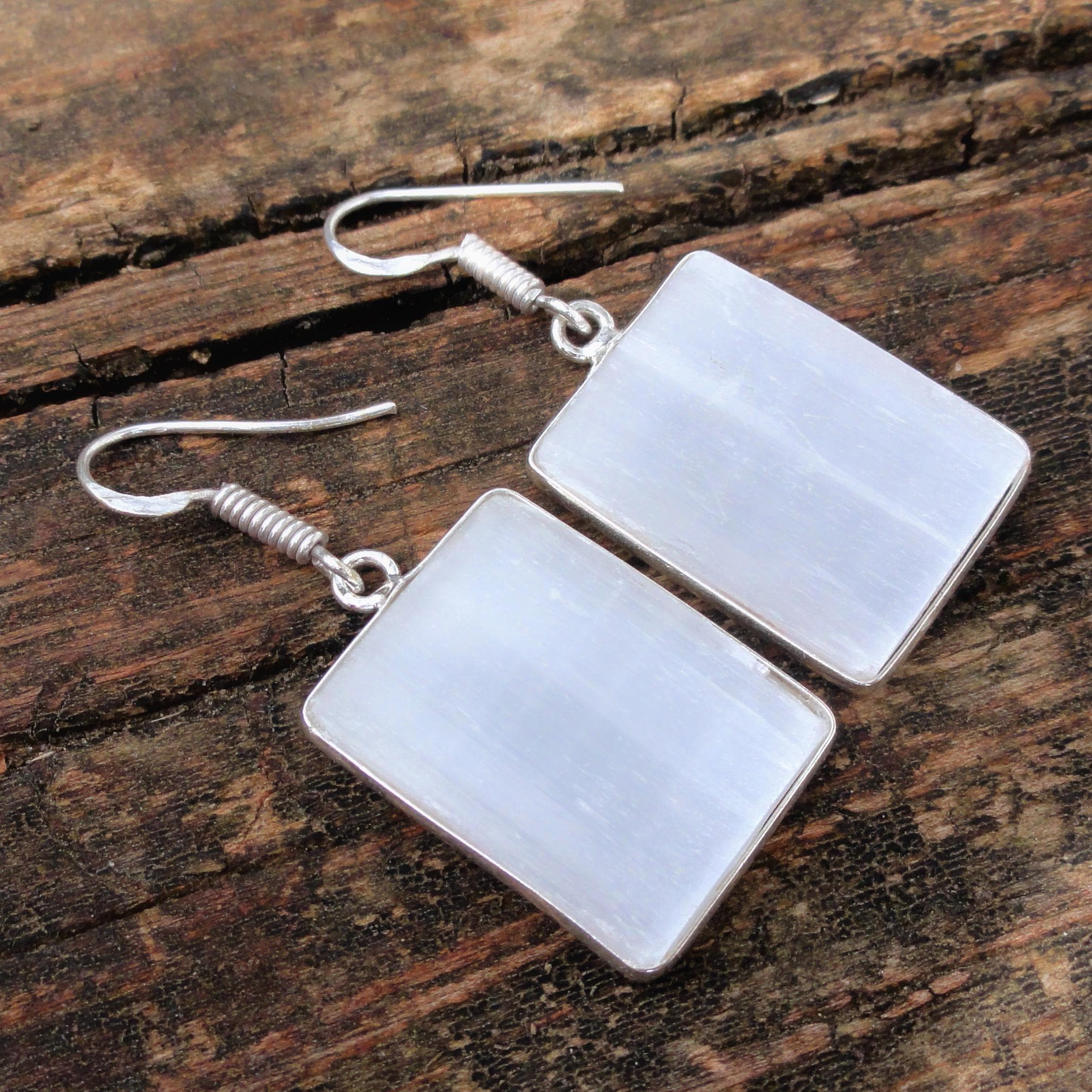 925 - Raw Selenite Earrings, Sterling Silver, Natural Stone, White Selenite Silver Earrings, Raw Gemstone Earrings, Metaphysical Stone