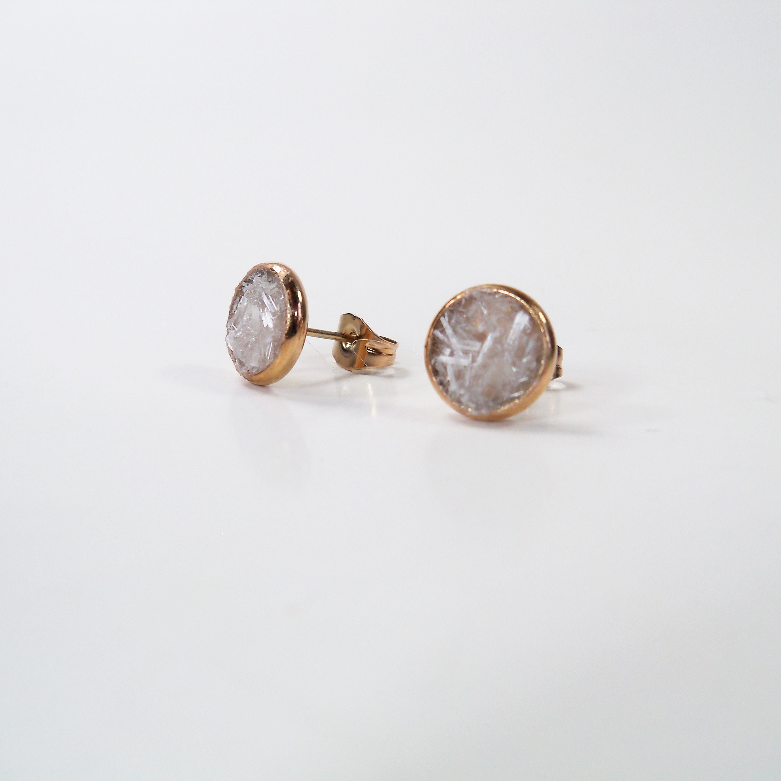 Selenite Crushed Stone Rose Gold Plated Stud 8mm Earrings White Gypsum