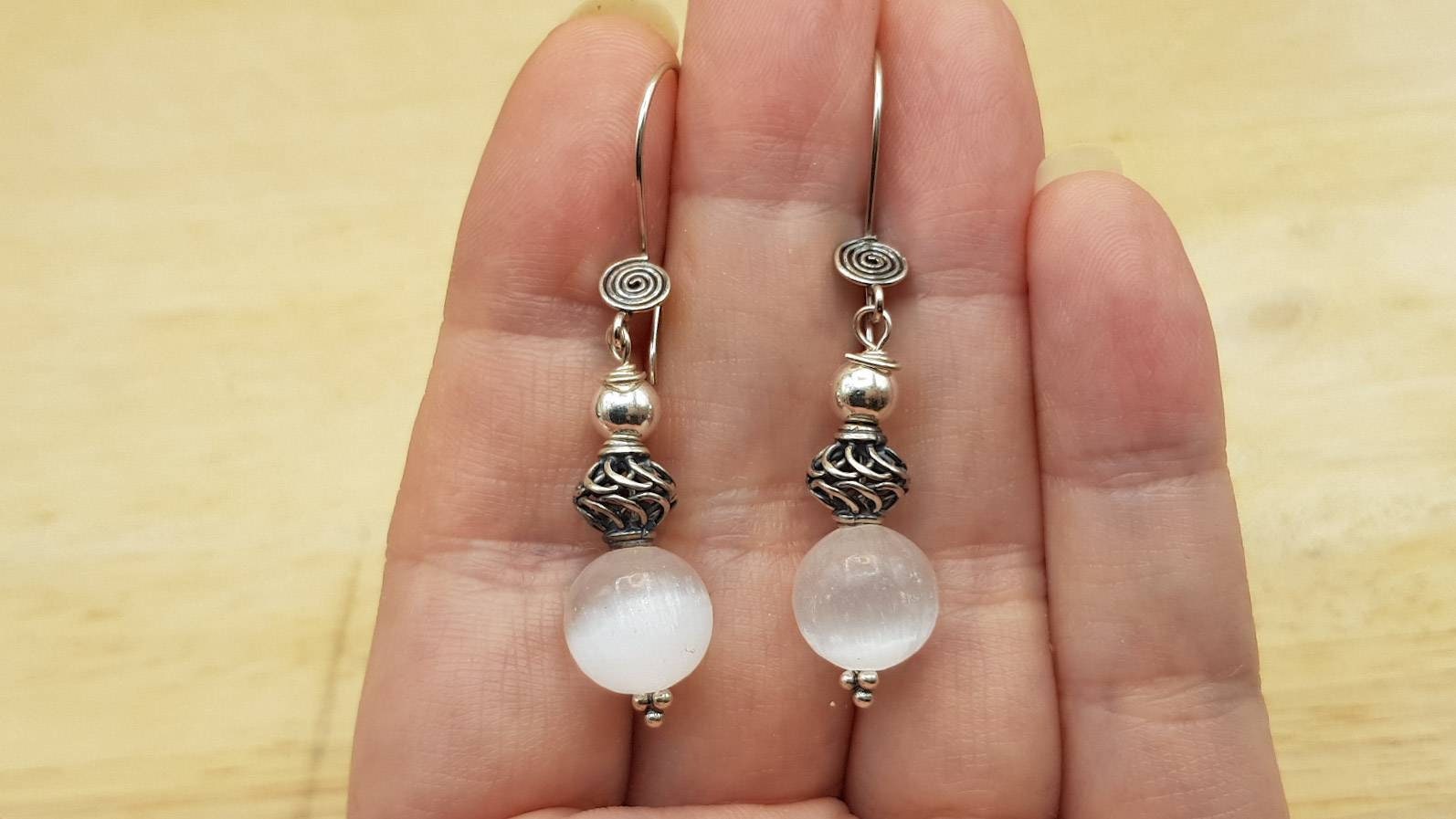 Selenite Earrings. Crystal Reiki Jewelry Uk. Bali Silver Bead Dangle Drop Earrings. Empowered Crystals Selenite Earrings. Crystal Reiki Jewelry Uk. Bali Silver Bead Dangle Drop Earrings. Empowered Crystals