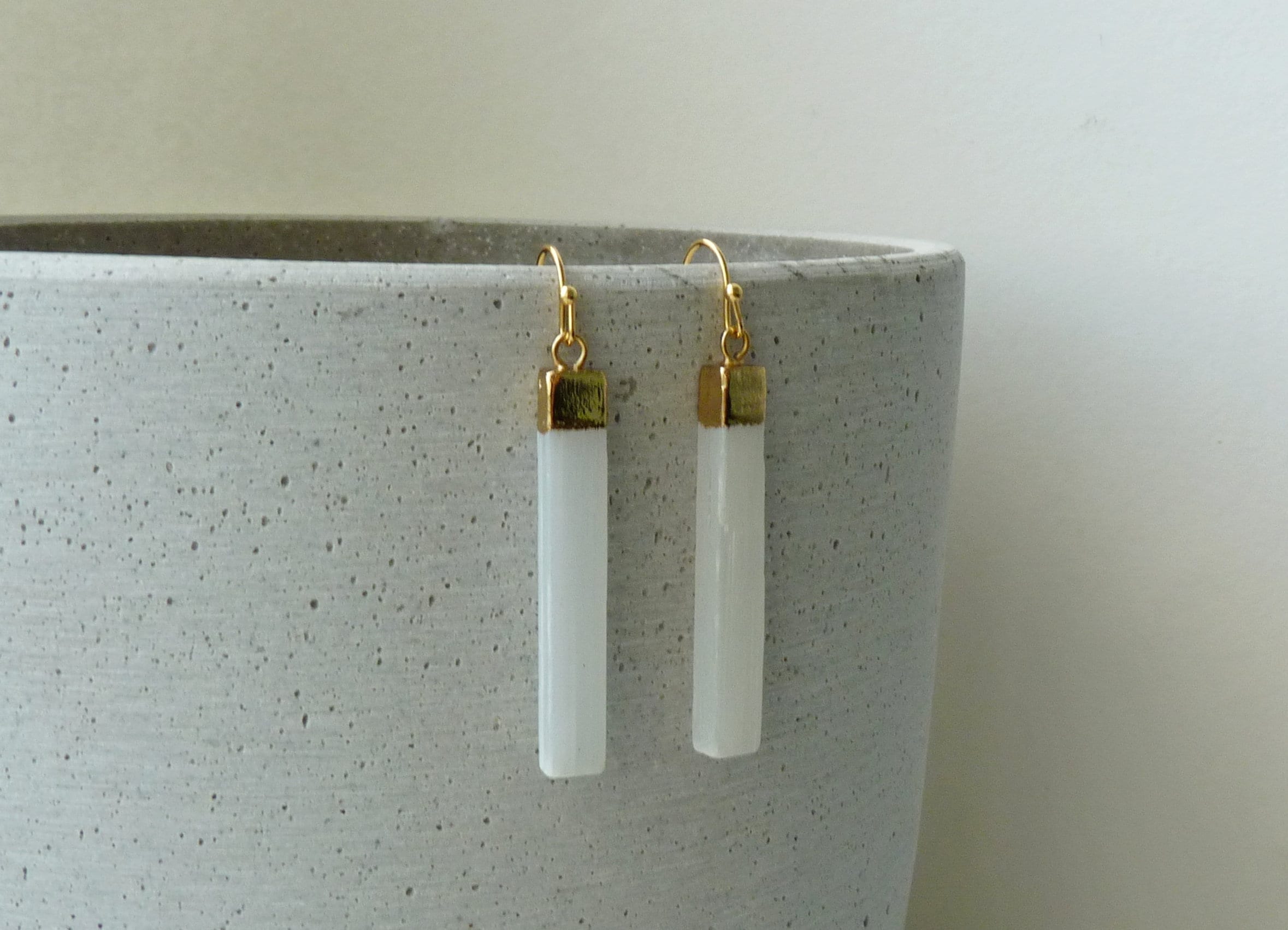 Selenite Gold Earrings, Natural Selenite Jewelry, Selenite Stick Earrings, Geometric Gemstone Earings, White Gold Earrings, Gift For Women Selenite Gold Earrings, Natural Selenite Jewelry, Selenite Stick Earrings, Geometric Gemstone Earings, White Gold Earrings, Gift For Women