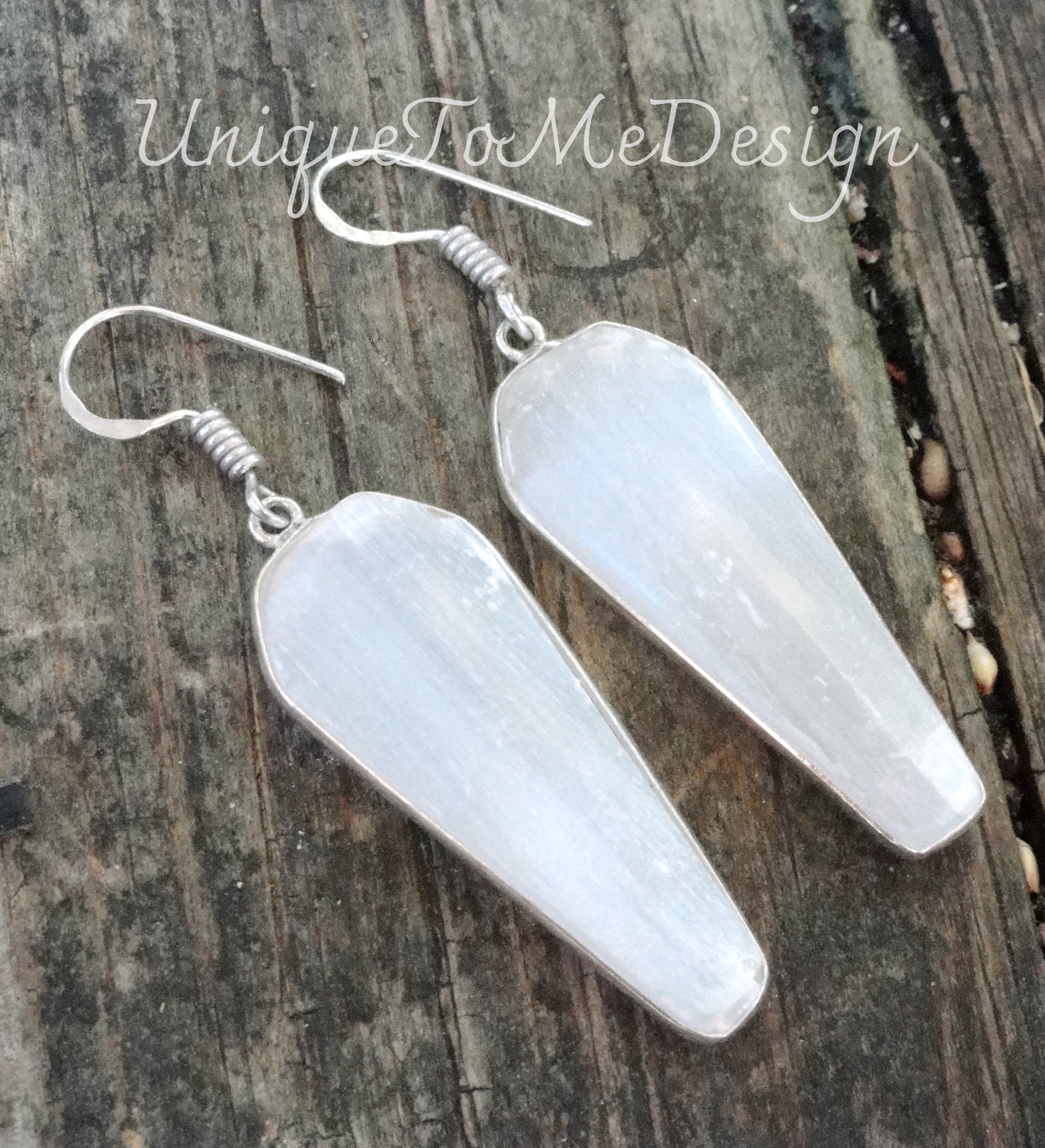Handmade Sterling Silver Selenite Coffin Earrings: Natural Gemstone