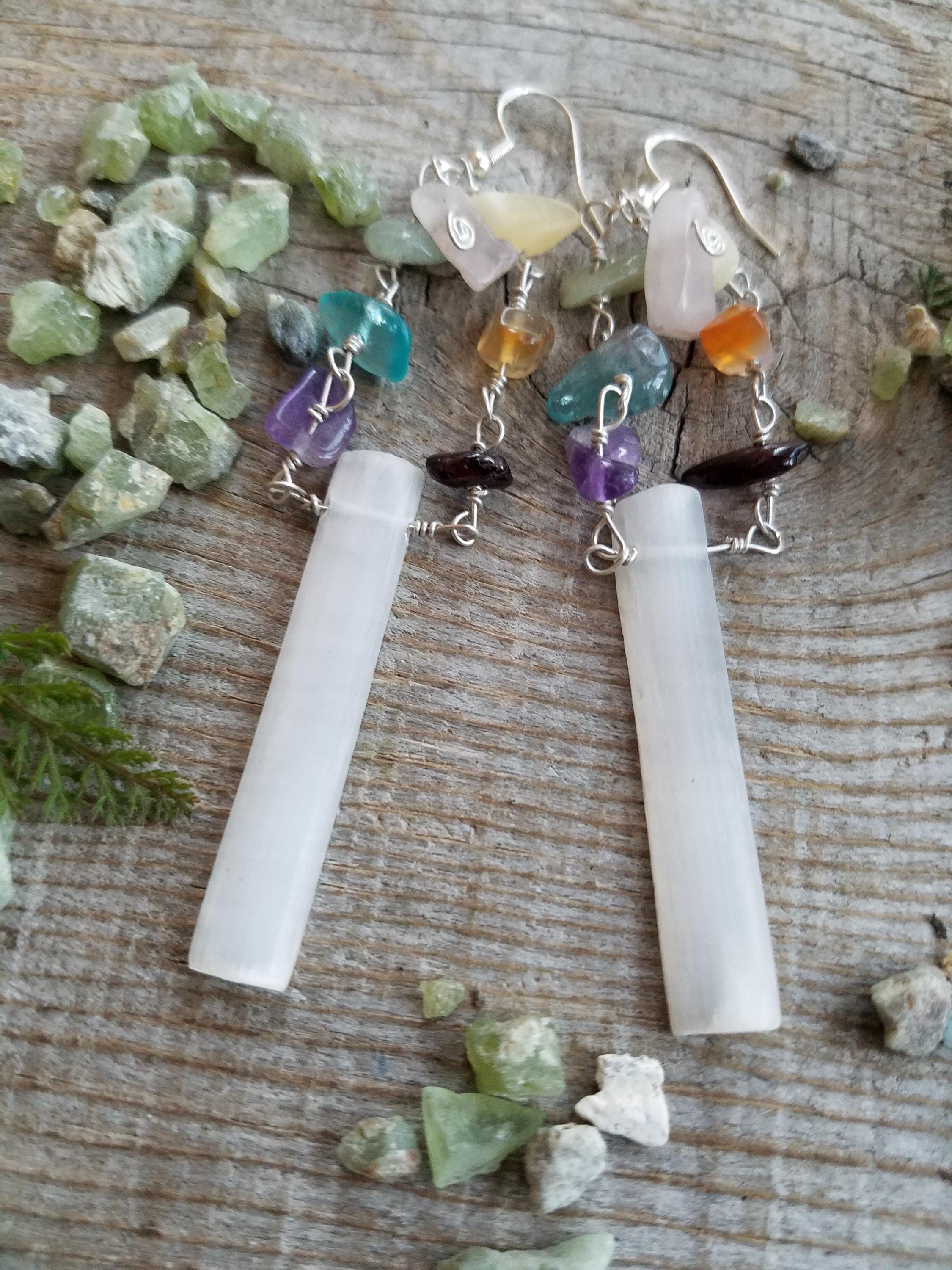Rainbow Selenite Earrings, Natural Selenite Crystal Earrings, Chakra Earrings, Rainbow Chakra Earrings, Natural Selenite Earrings, Natural
