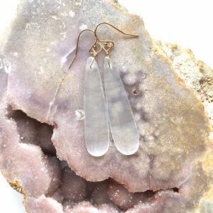 Raw Selenite Crystal Earrings: Long Dangle Stone, Sterling Silver or 14k Gold