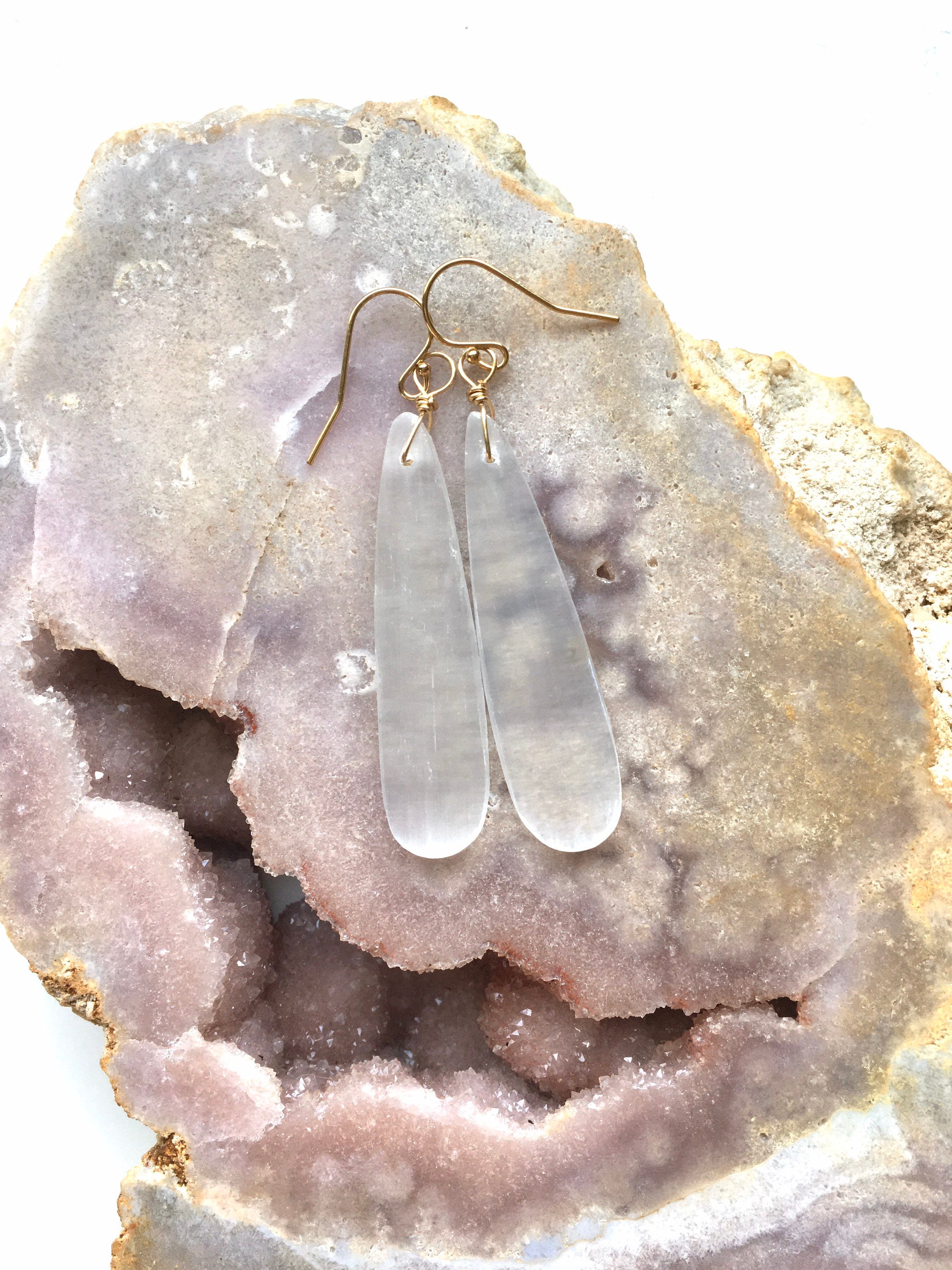 Raw Selenite Crystal Earrings: Long Dangle Stone, Sterling Silver Or 14k Gold