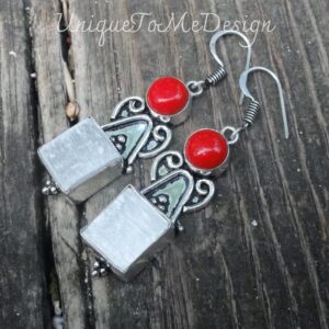 Raw Selenite & Red Coral Earrings: Sterling Silver Bohemian Jewelry Raw Selenite & Red Coral Earrings: Sterling Silver Bohemian Jewelry