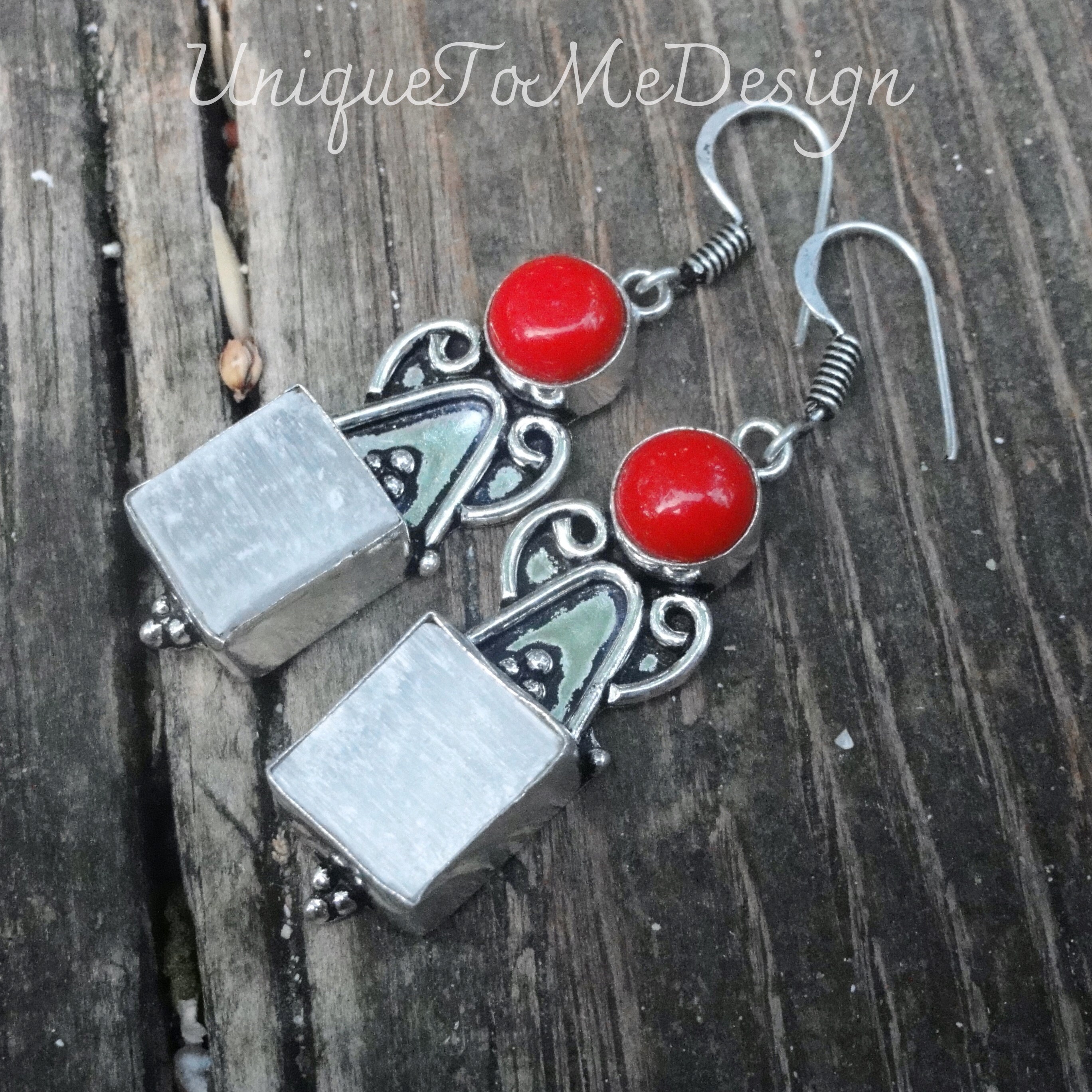 Raw Selenite & Red Coral Earrings: Sterling Silver Bohemian Jewelry