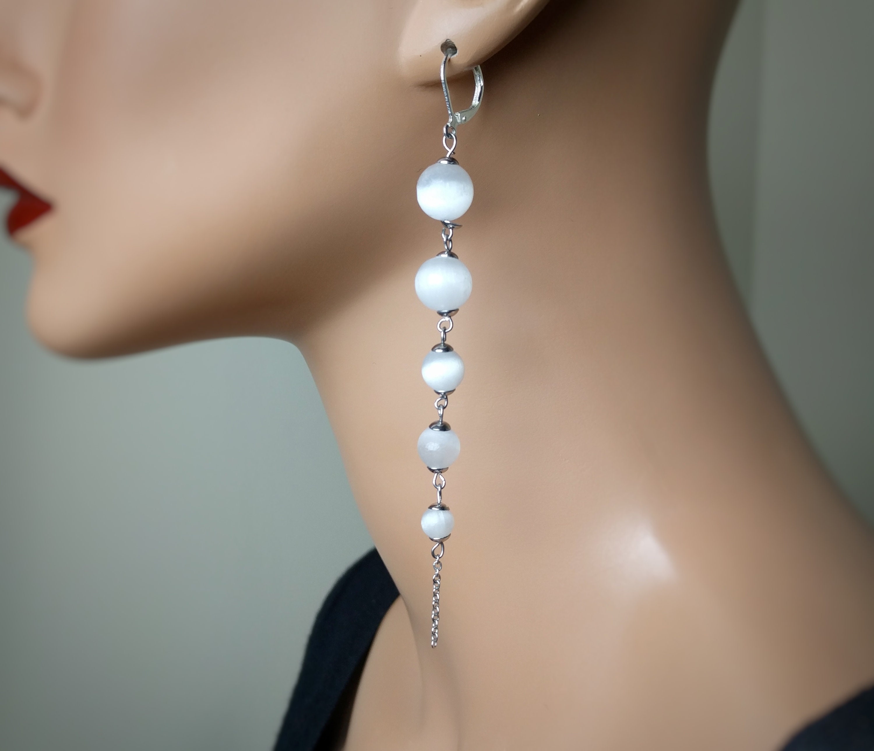 Selenite Sterling Silver Dangle Earrings, White Gemstone Drop