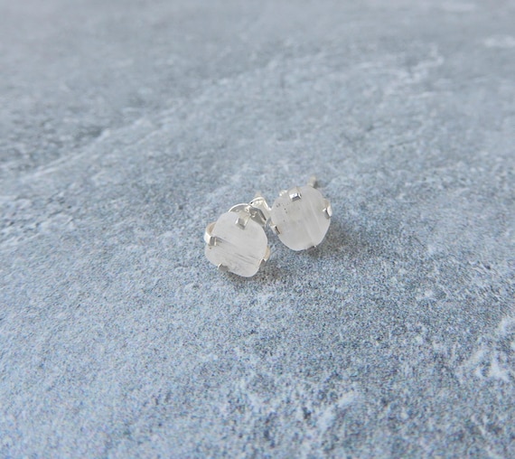 Selenite Earrings Sterling Silver • Gemstone Stud Earrings • Raw Selenite Earrings