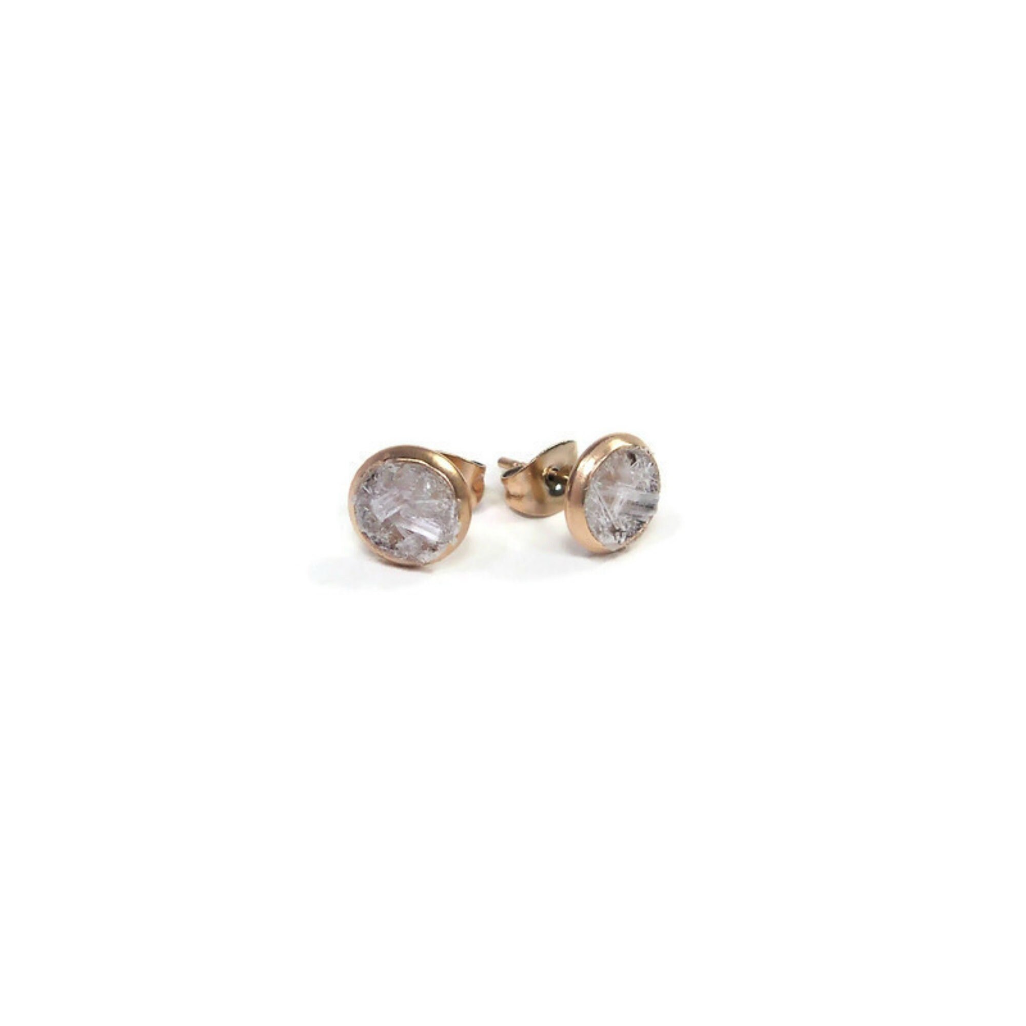 White Selenite 6mm Crushed Stone Rose Gold Plated Stud Earrings Gypsum White Selenite 6mm Crushed Stone Rose Gold Plated Stud Earrings Gypsum