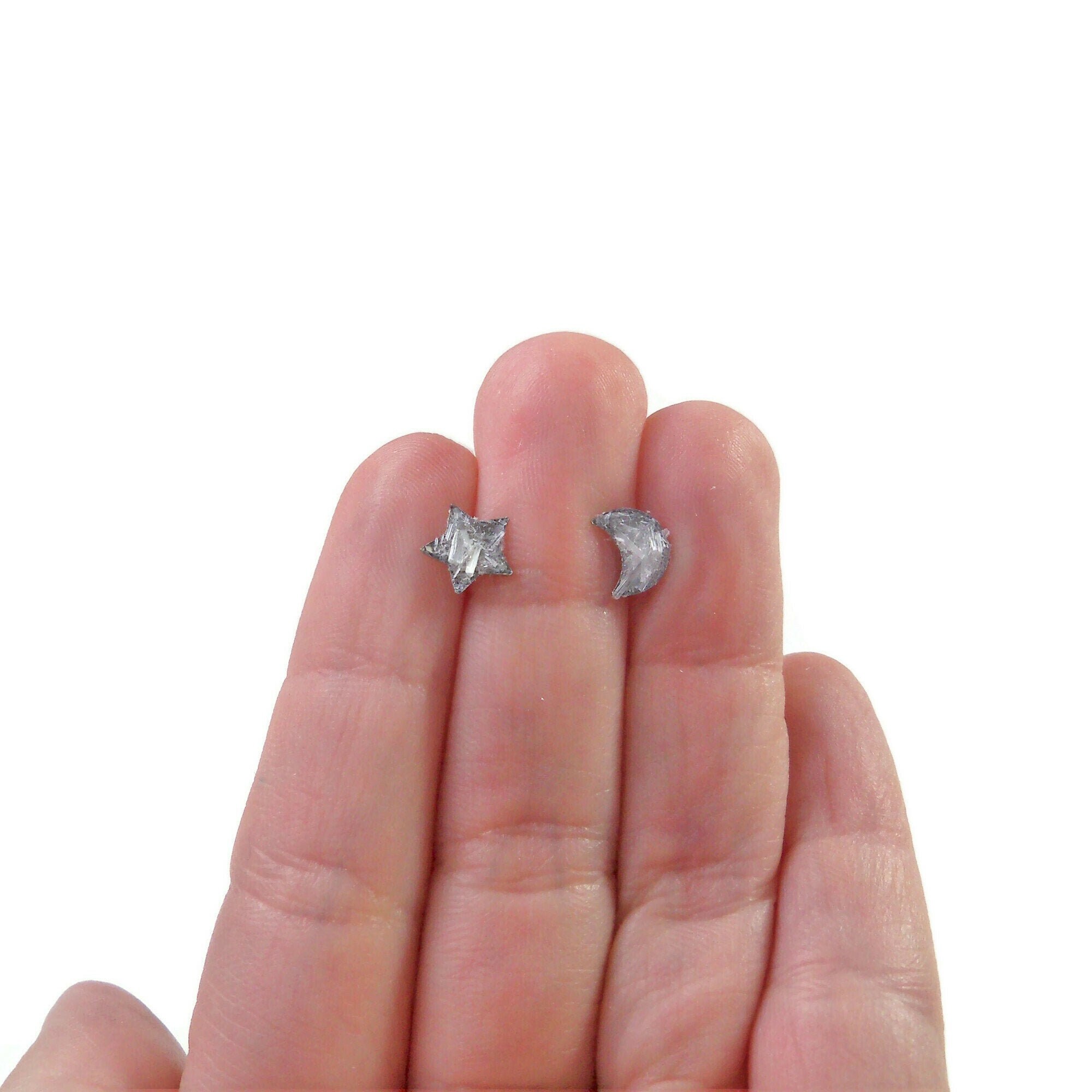 White Selenite Moon & Star Crushed Stone Hypoallergenic Stainless Steel Stud Earrings