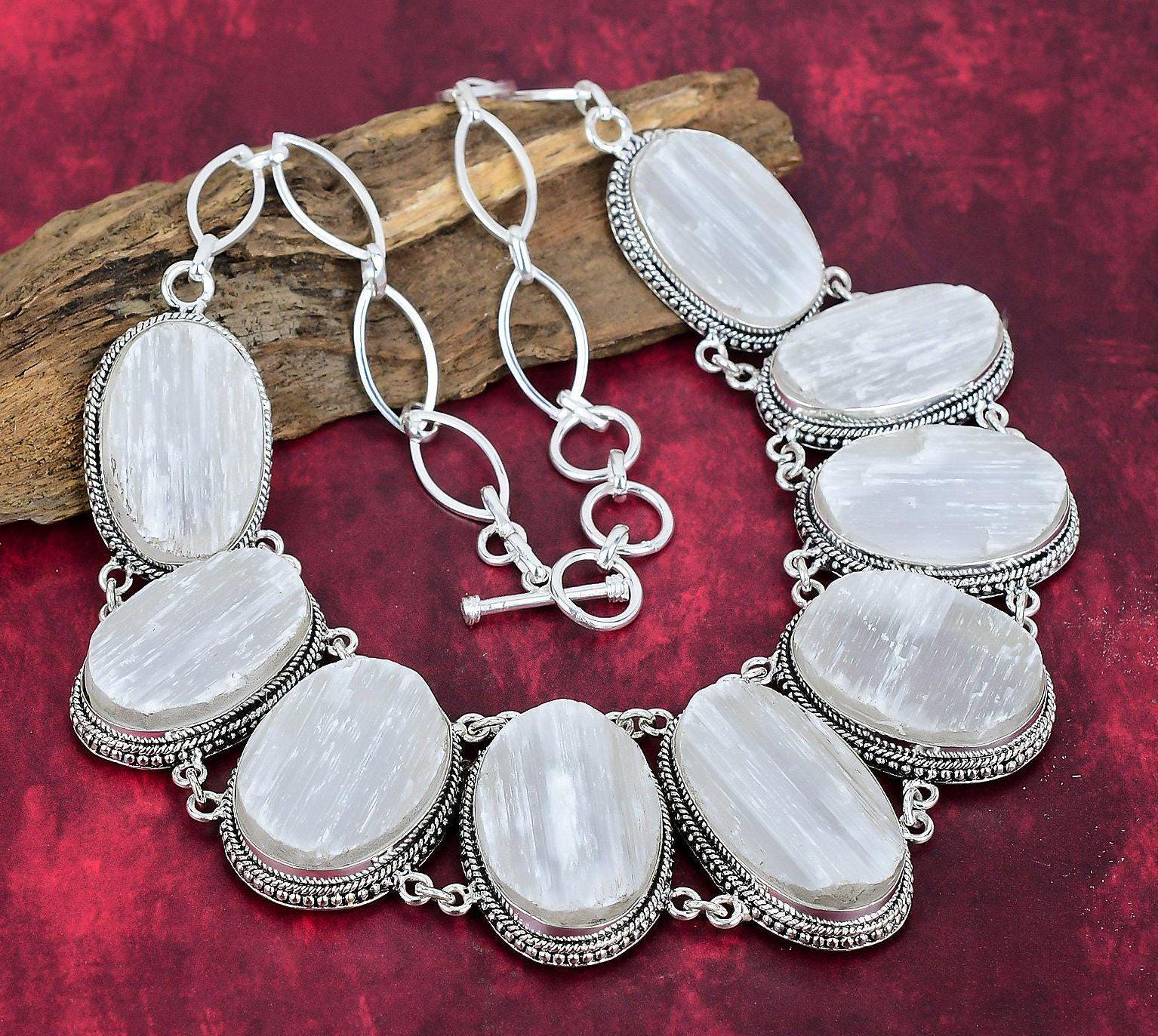 Selenite Necklace, 925 Sterling Silver Jewelry, Gemstone Jewelry, Natural Jewelry, Adjustable Chain Handmade Jewelry Anniversary Gifts