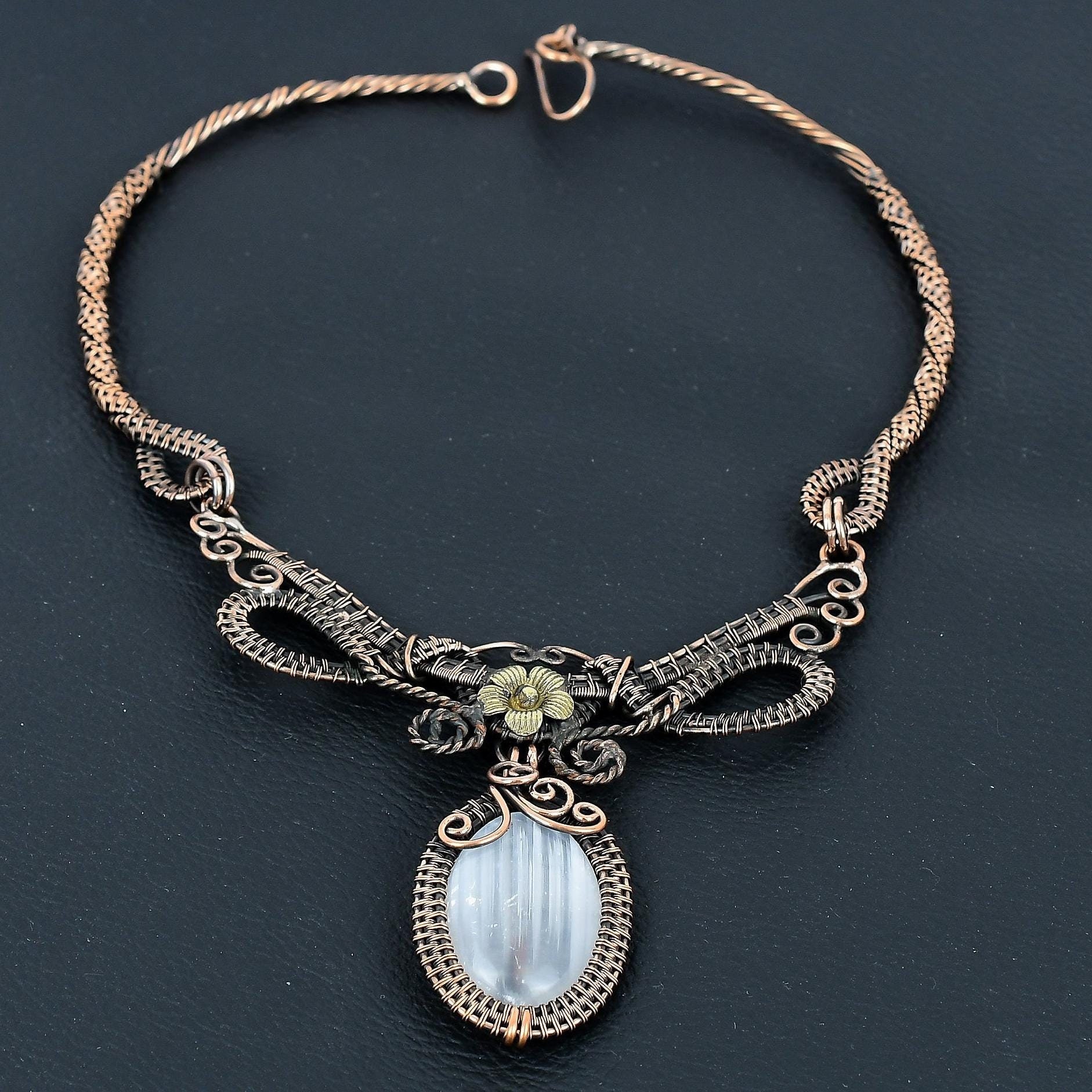 Selenite Gemstone Necklace Pure Copper Wire Wrap Designer Necklace Selenite Gemstone Handmade Copper Jewelry Anniversary Gifts For Wife