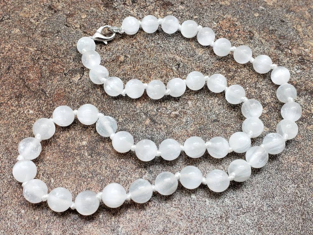 Selenite Hand Knotted Necklace With Lobster Claw Clasp