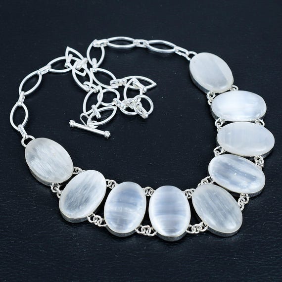 Handmade Selenite Necklace: 925 Sterling Silver, Adjustable Chain