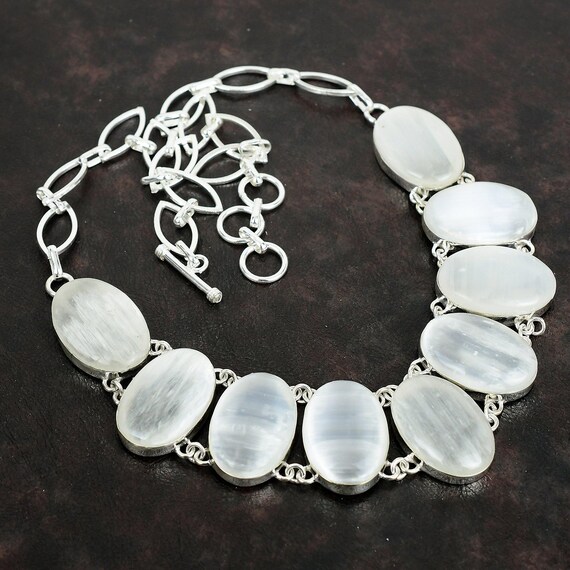 Selenite Necklace: Handmade 925 Sterling Silver, Adjustable Chain