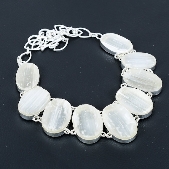 Handmade Selenite Druzy Necklace: 925 Sterling Silver, Adjustable Chain