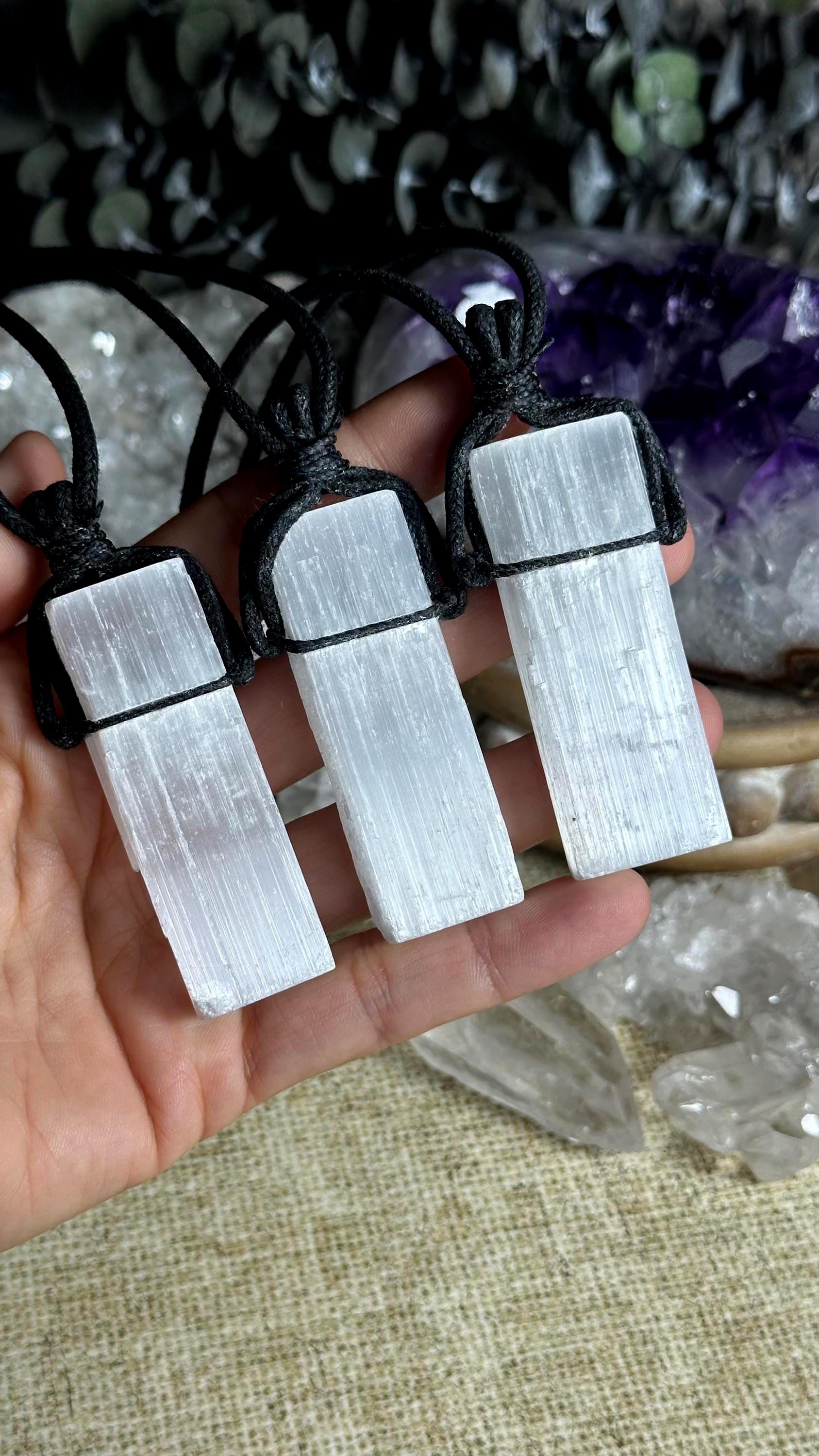 Large Selenite Satin Spar Necklace: Spiritual Protection Crystal Jewelry