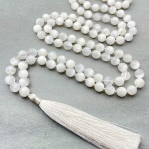 Selenite Mala Necklace: 108 Bead Japa Mala with Silk Tassel