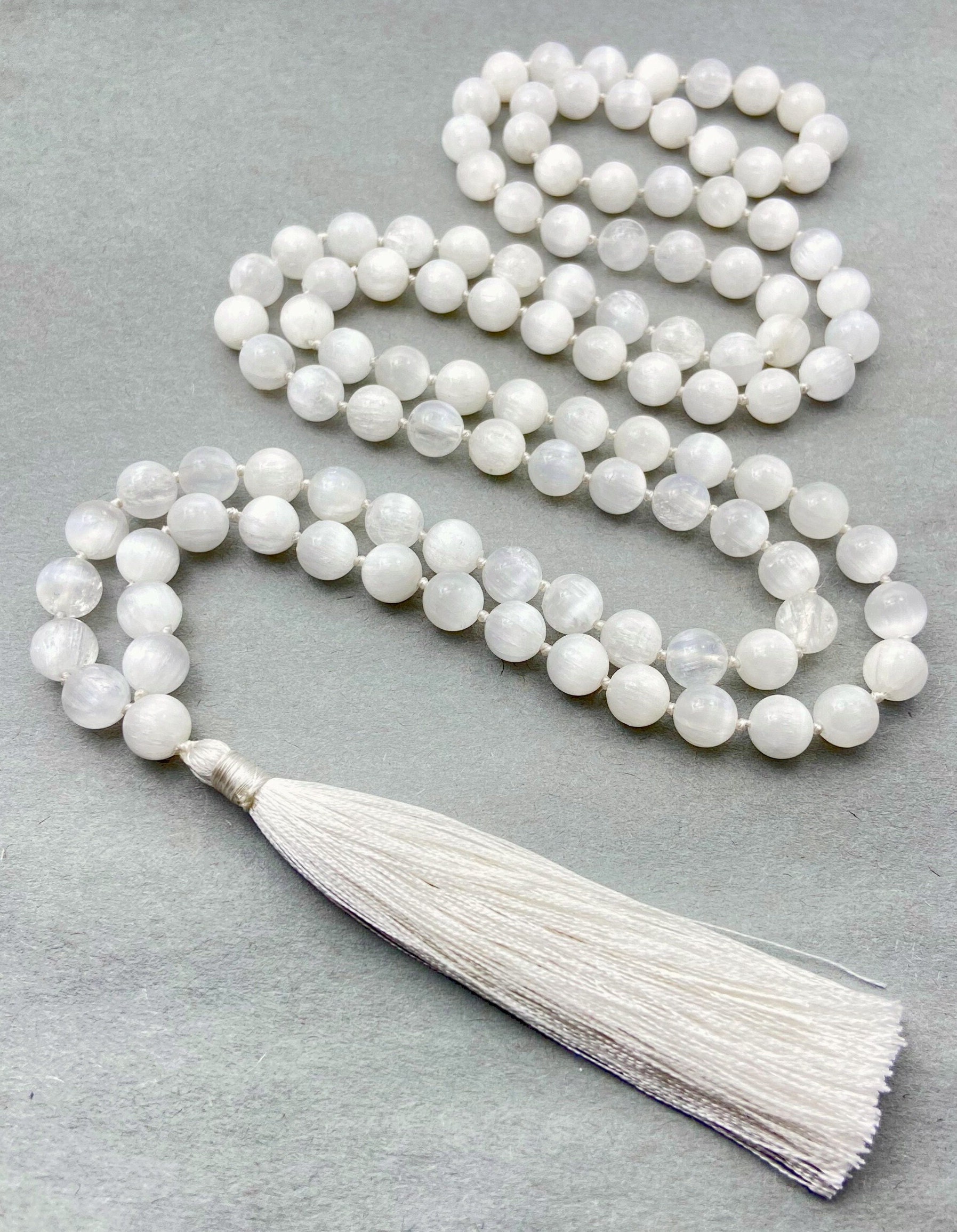 Selenite Mala Necklace: 108 Bead Japa Mala With Silk Tassel