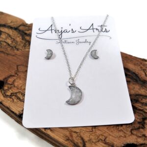 Moon Selenite Jewelry Set Stud Earrings 18" Necklace Crushed White Gypsum Moon Selenite Jewelry Set Stud Earrings 18" Necklace Crushed White Gypsum