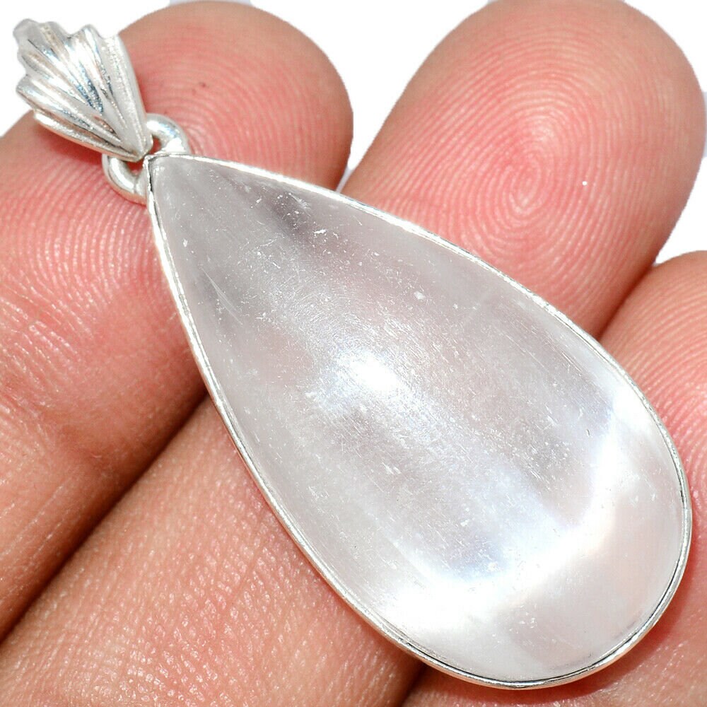 Sale, Very Beautiful Selenite Necklace, 925 Silver, Tear Drop