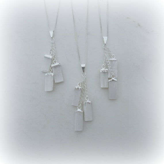 Selenite Necklace Sterling Silver Chain •  Selenite Gemstone Point • Triple Selenite Point Necklace • Holiday Gift • Affordable Gift