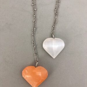 White or Peach Selenite Satin Spar Heart and Stainless Steel Chain Necklace Cute Heart Necklace Selenite Heart Jewelry Orange Selenite Heart