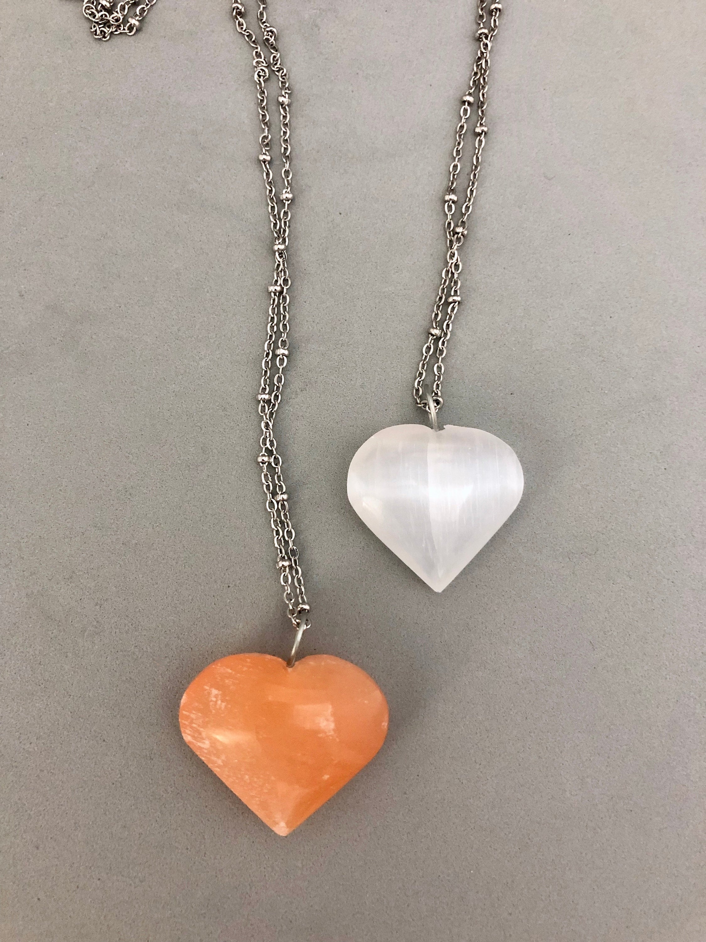 White Or Peach Selenite Satin Spar Heart And Stainless Steel Chain Necklace Cute Heart Necklace Selenite Heart Jewelry Orange Selenite Heart