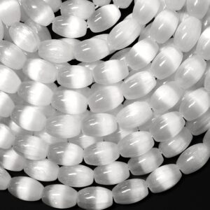 AAA Genuine Natural Cat's Eye Selenite Drum Barrel Beads High Quality Gemstone 15.5" Strand