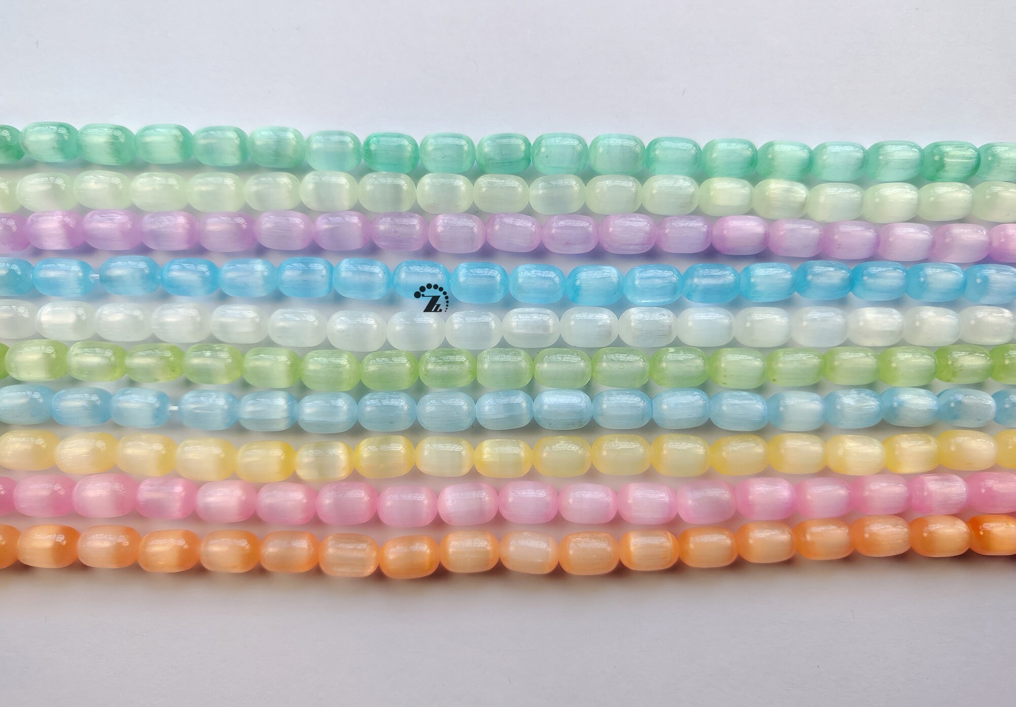 Genuine Selenite Cat's Eye Gemstone Smooth Barrel Beads 8x12mm,15" Full Strand