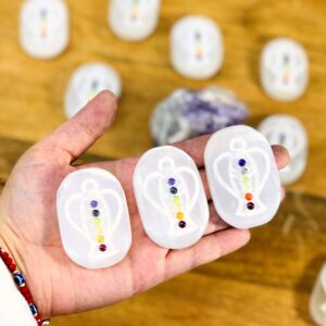 Selenite Palm Stones with Chakra Beads and Engraved Angel