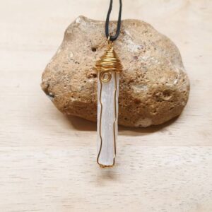 Brass Selenite Necklace. Raw Selenite Stick Pendant. Raw Crystal Necklace. Reiki Jewelry Uk. Wire Wrap Pendant.