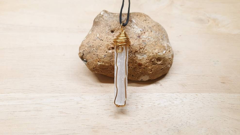 Brass Selenite Necklace. Raw Selenite Stick Pendant. Raw Crystal Necklace. Reiki Jewelry Uk. Wire Wrap Pendant.