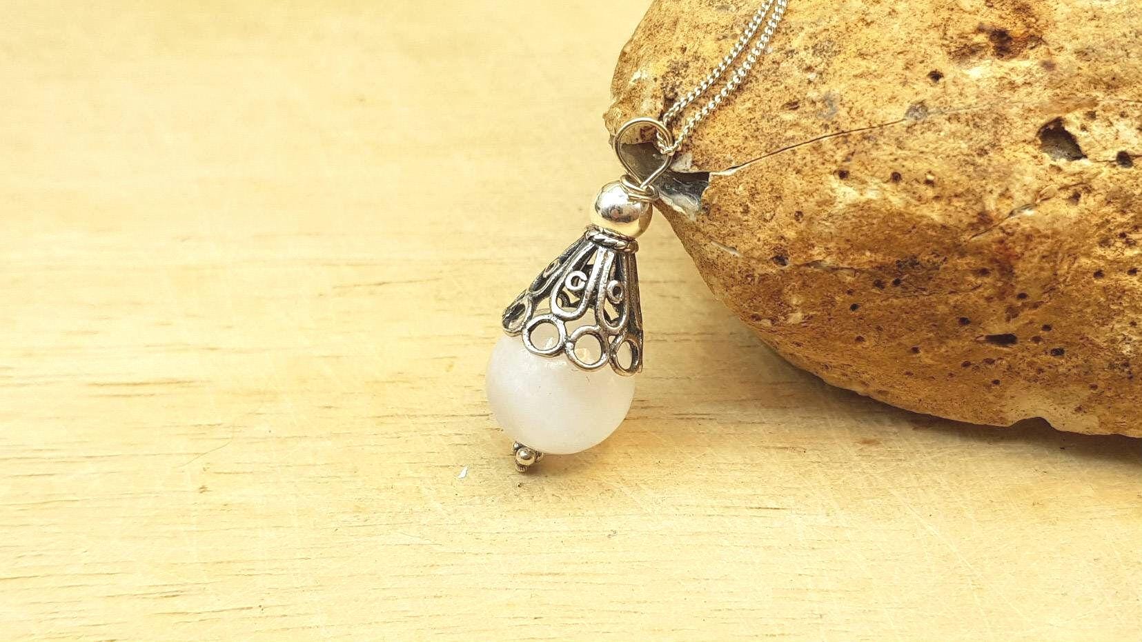 Selenite Pendant. Crystal Reiki Jewelry Uk. Minimalist Bali Silver Cone Necklace. Wire Wrap Pendant. 12mm Stone. Empowered Crystals