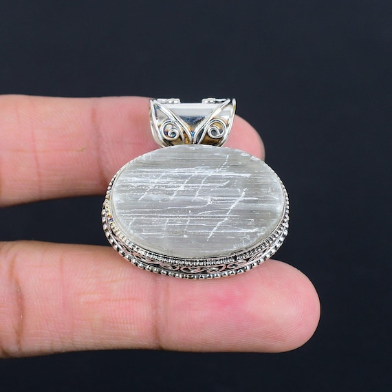 Selenite Druzy 925 Sterling Silver Pendant - Handmade Gemstone Jewelry