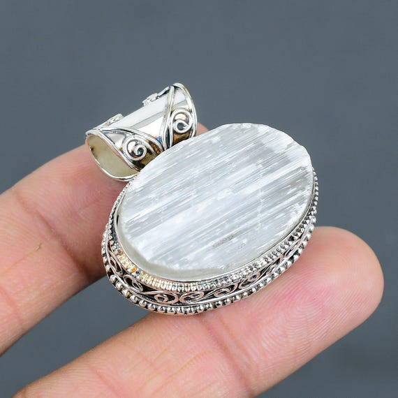 Handmade Selenite Druzy 925 Sterling Silver Pendant: Vintage Style