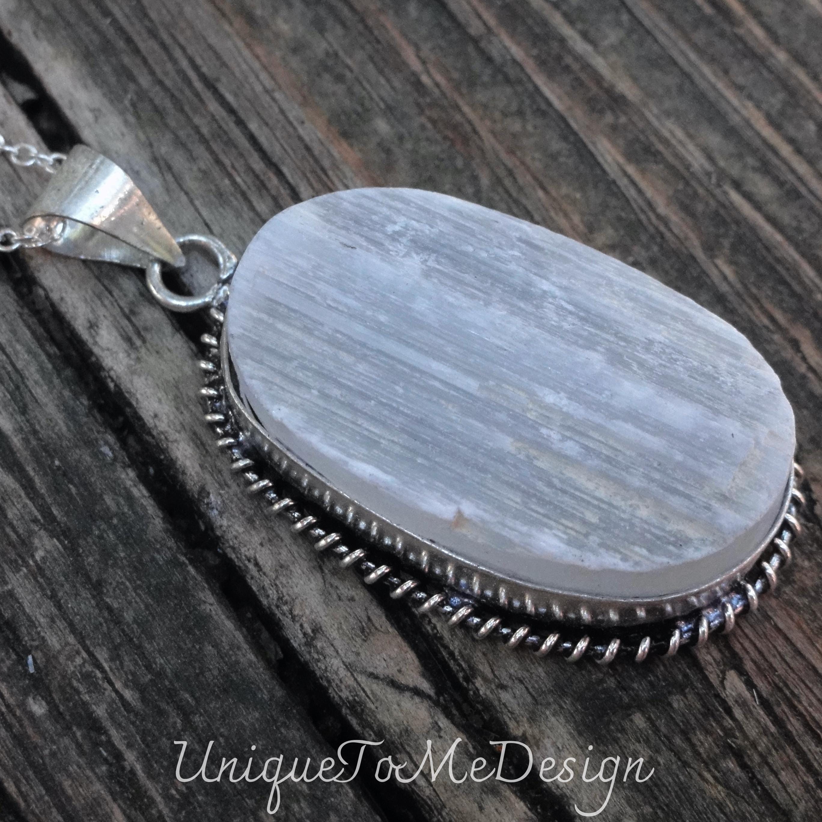 Handmade Raw Selenite Sterling Silver Pendant Necklace