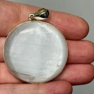 Large Round Selenite Pendant: Sterling Silver, Handcrafted