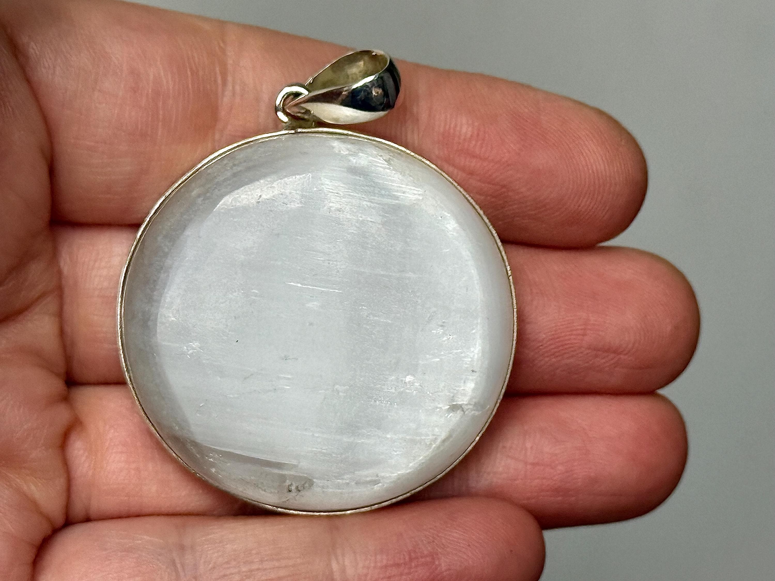 Large Round Selenite Pendant: Sterling Silver, Handcrafted