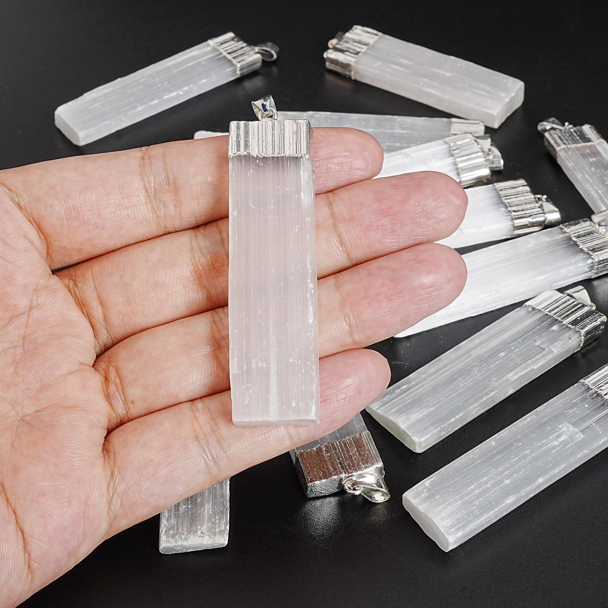 Natural Rectangle Selenite Pendant With Metal Capped Top Minimalist One Of A Kind Gemstone Natural Rectangle Selenite Pendant With Metal Capped Top Minimalist One Of A Kind Gemstone