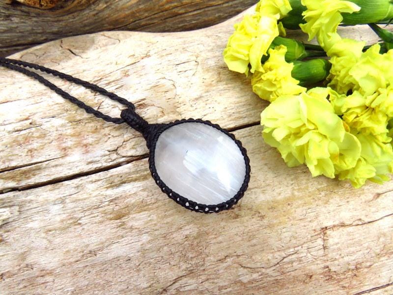 Selenite Necklace, Macrame Jewelry, Gift Ideas For The Rock Collector, Crystal Collector, Angel Pendant